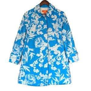Joe Fresh Blue Cream Floral Swing Coat Lightweight Trench Jacket Lined Cotton